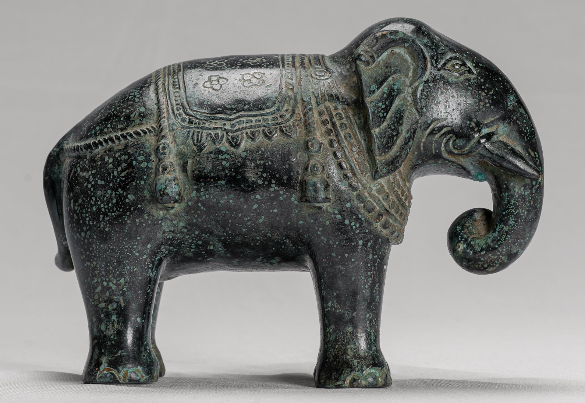 Antique Khmer Style Standing Bronze Elephant Statue - 17cm/7" Tall