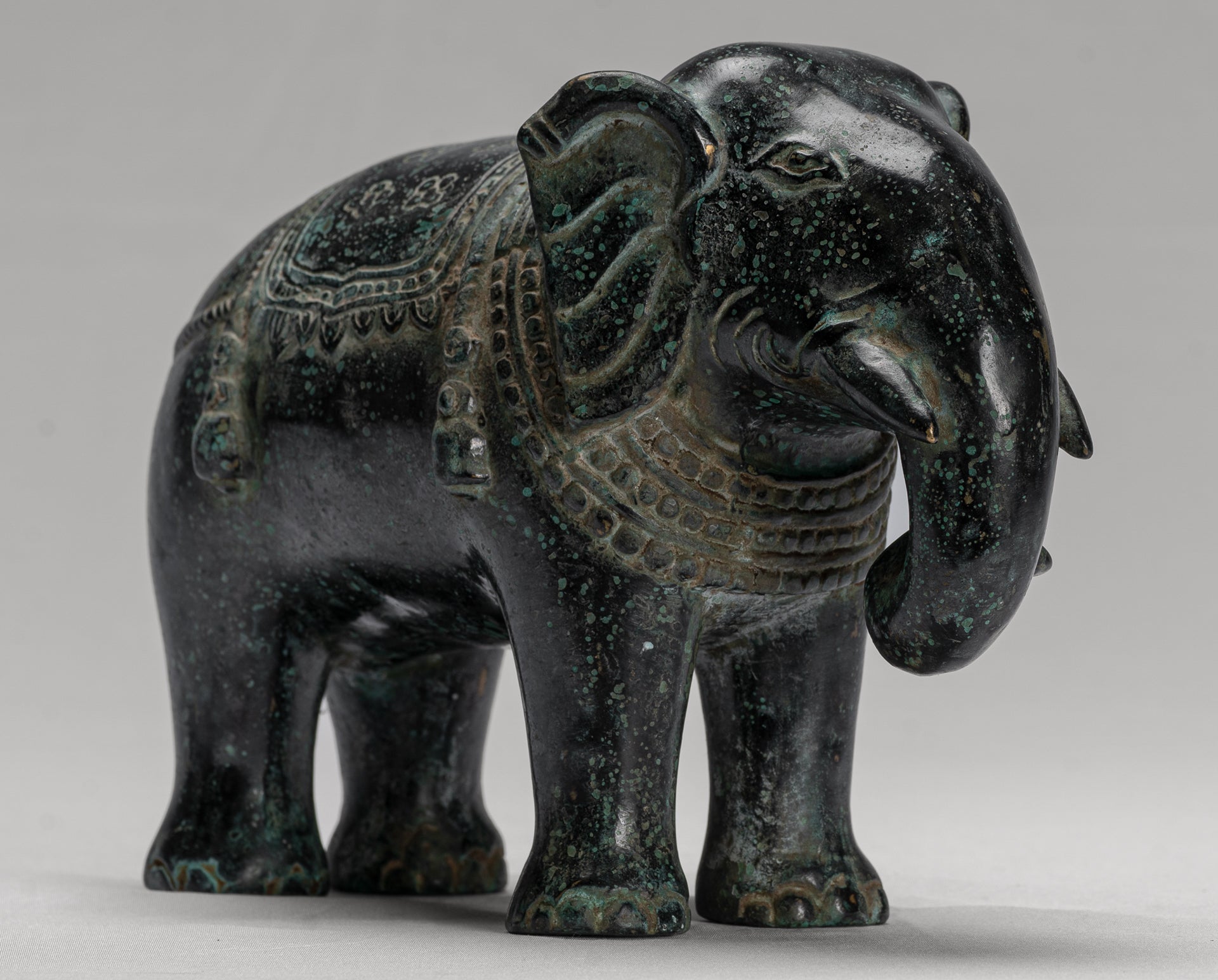 Antique Khmer Style Standing Bronze Elephant Statue - 17cm/7" Tall