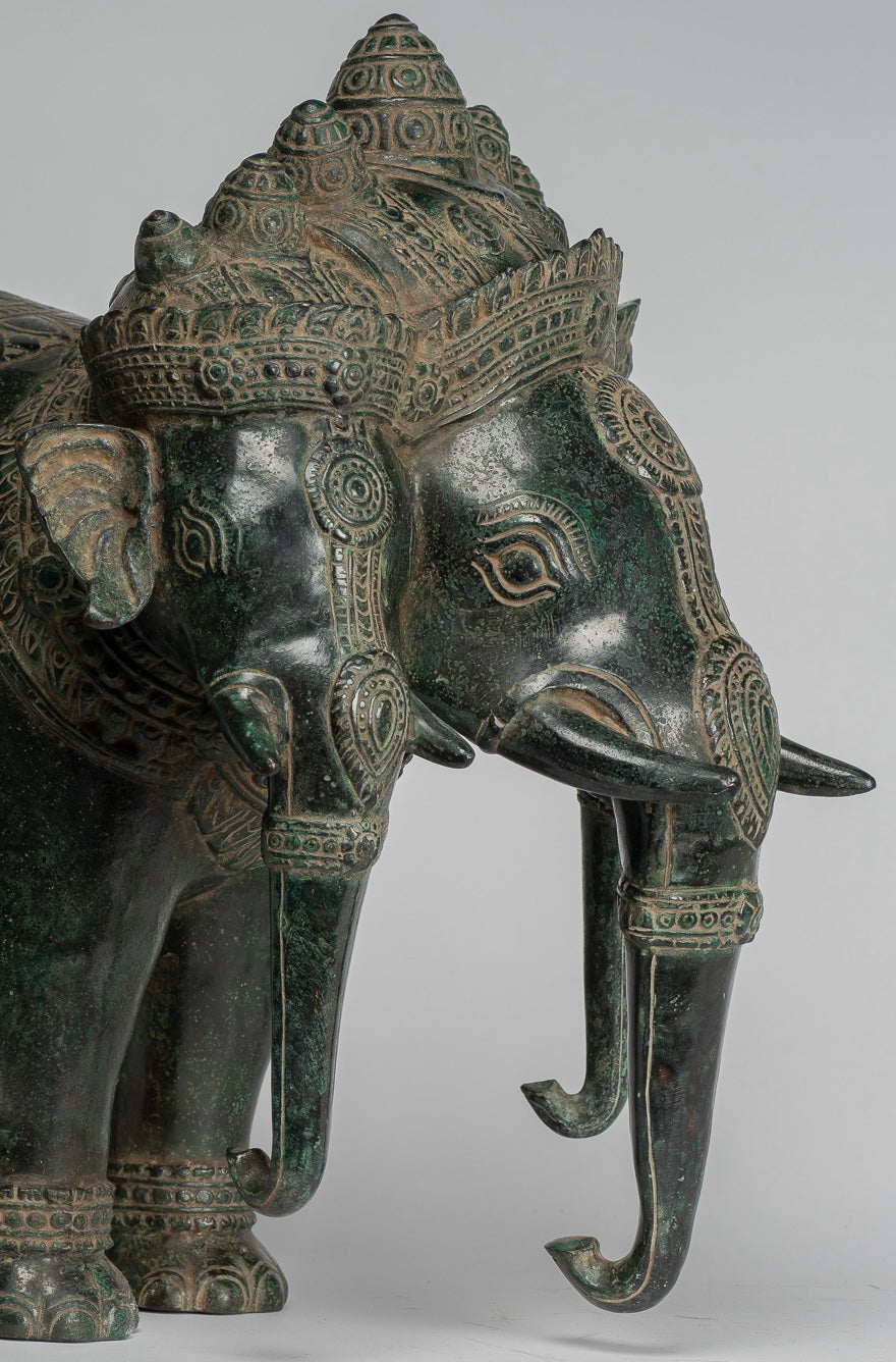 Antique Khmer Style Bronze Erawan Airavata or Elephant Statue - 44cm/18" Tall