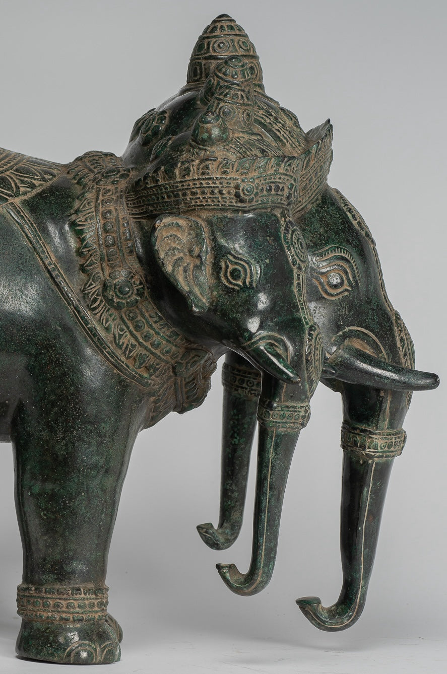 Antique Khmer Style Bronze Erawan Airavata or Elephant Statue - 44cm/18" Tall
