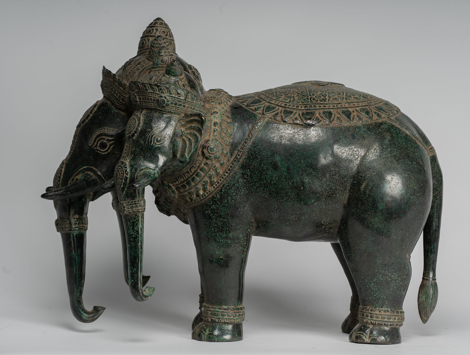 Antique Khmer Style Bronze Erawan Airavata or Elephant Statue - 44cm/18" Tall