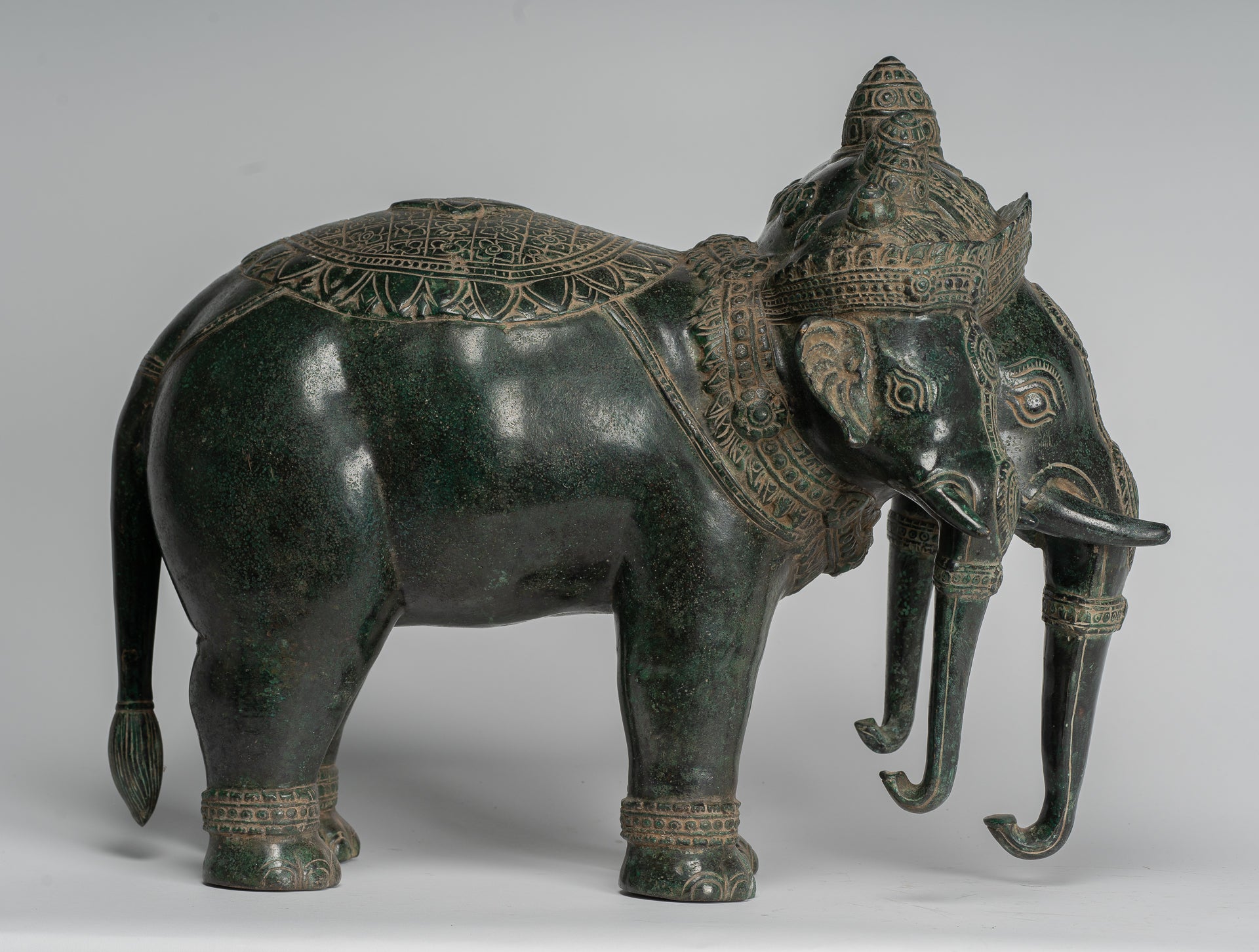 Antique Khmer Style Bronze Erawan Airavata or Elephant Statue - 44cm/18" Tall