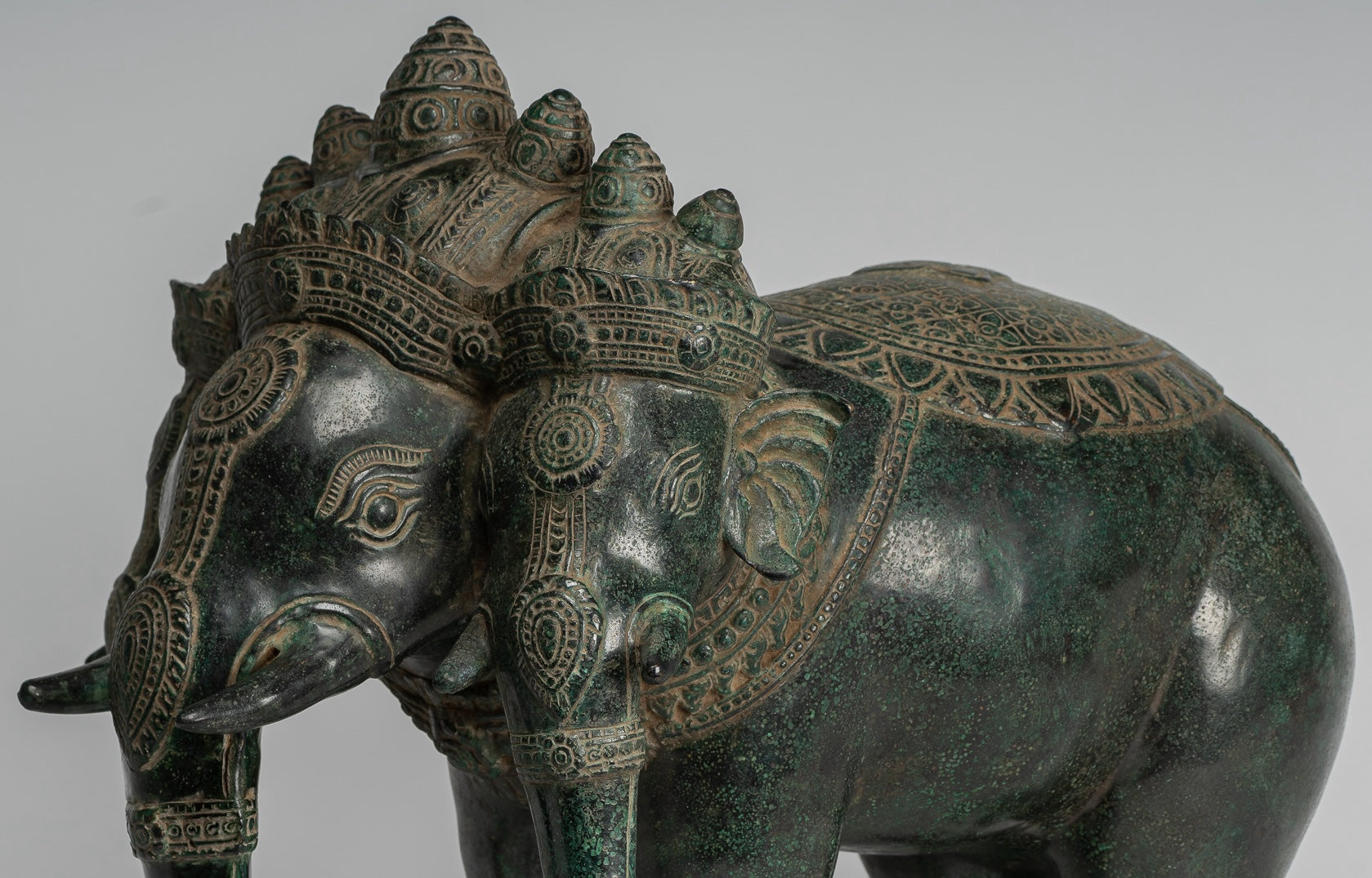 Antique Khmer Style Bronze Erawan Airavata or Elephant Statue - 44cm/18" Tall