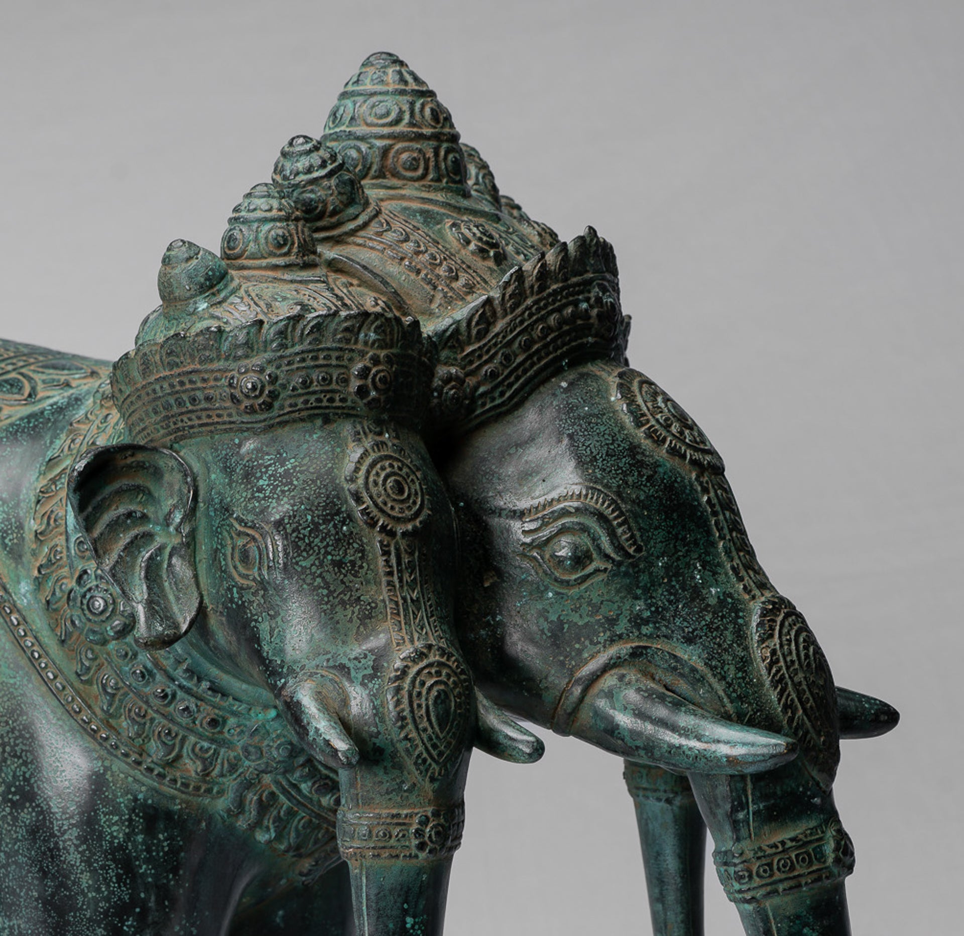 Antique Khmer Style Bronze Erawan Airavata or Elephant Statue - 44cm/18" Tall