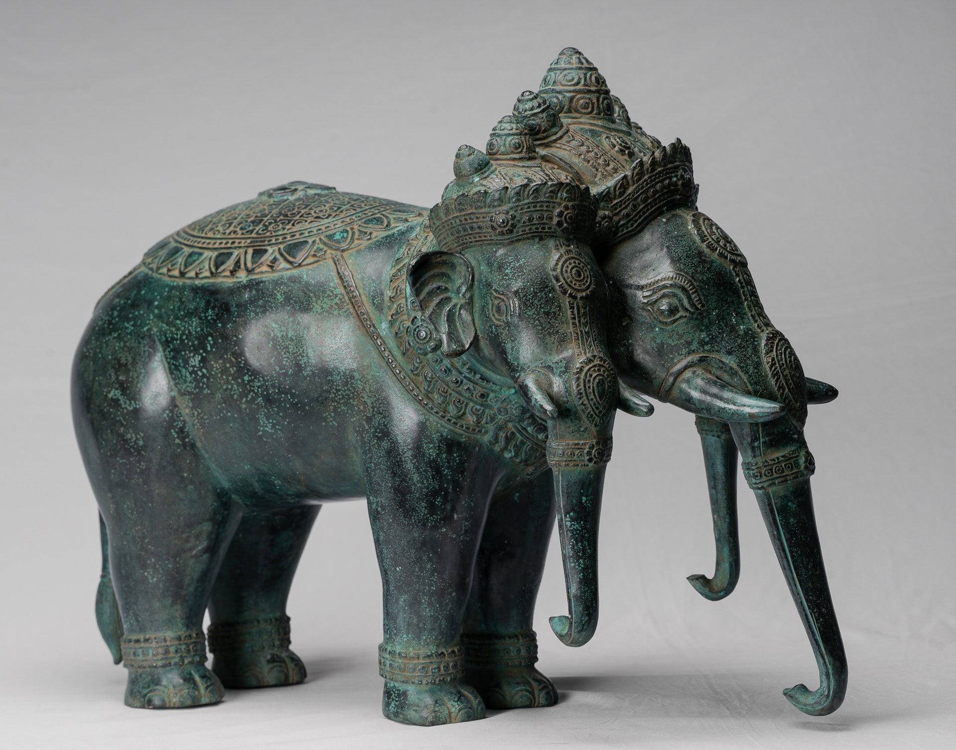 Antique Khmer Style Bronze Erawan Airavata or Elephant Statue - 44cm/18" Tall