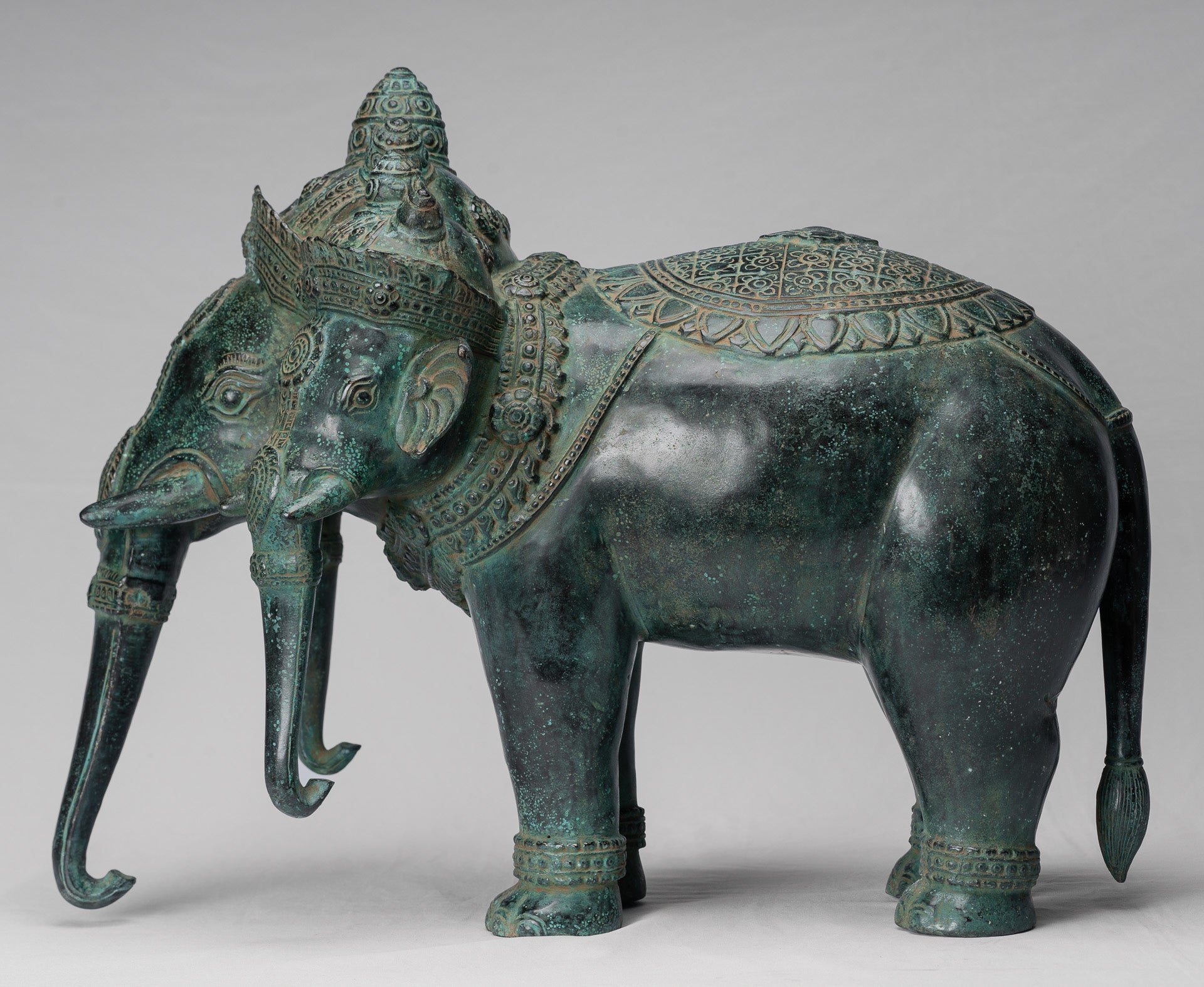 Antique Khmer Style Bronze Erawan Airavata or Elephant Statue - 44cm/18" Tall