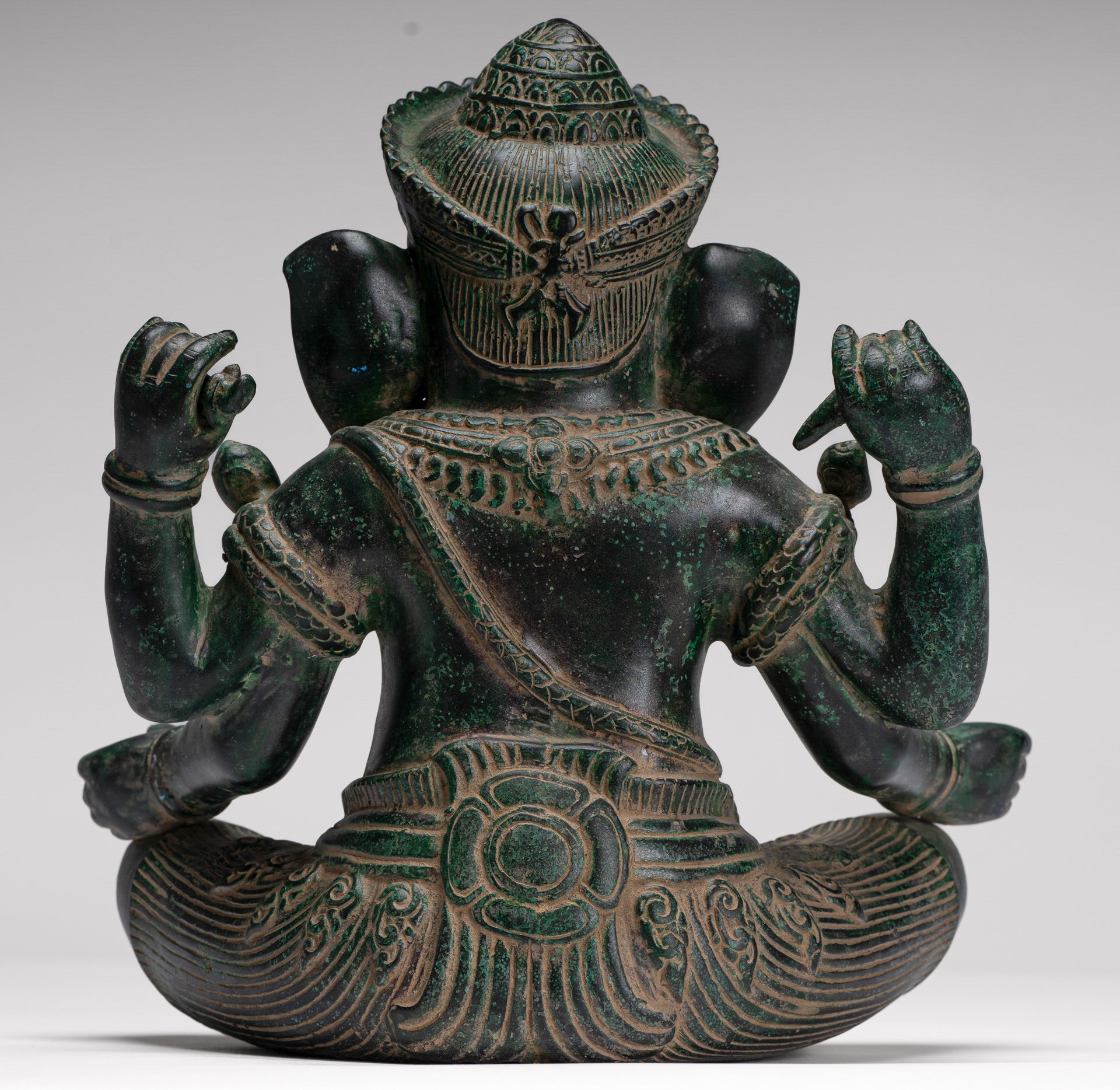 Ganesh Statue - Antique Khmer Style Seated Bronze Ganesha Statue - 29cm/12"