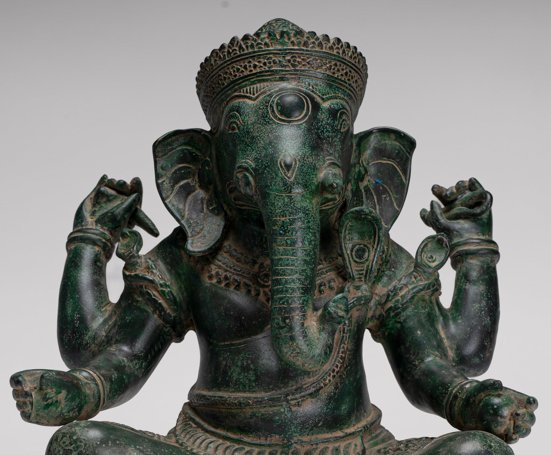 Ganesh Statue - Antique Khmer Style Seated Bronze Ganesha Statue - 29cm/12"