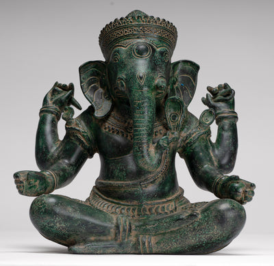 Ganesh Statue - Antique Khmer Style Seated Bronze Ganesha Statue - 29cm/12"