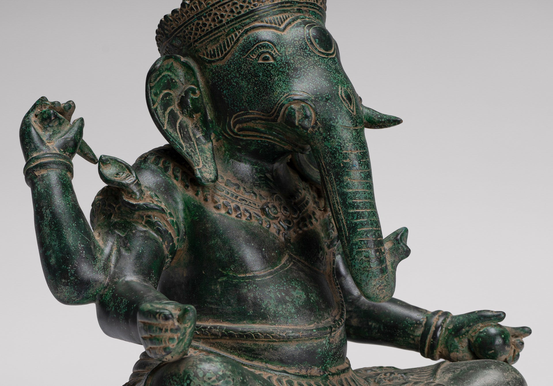 Ganesh Statue - Antique Khmer Style Seated Bronze Ganesha Statue - 29cm/12"