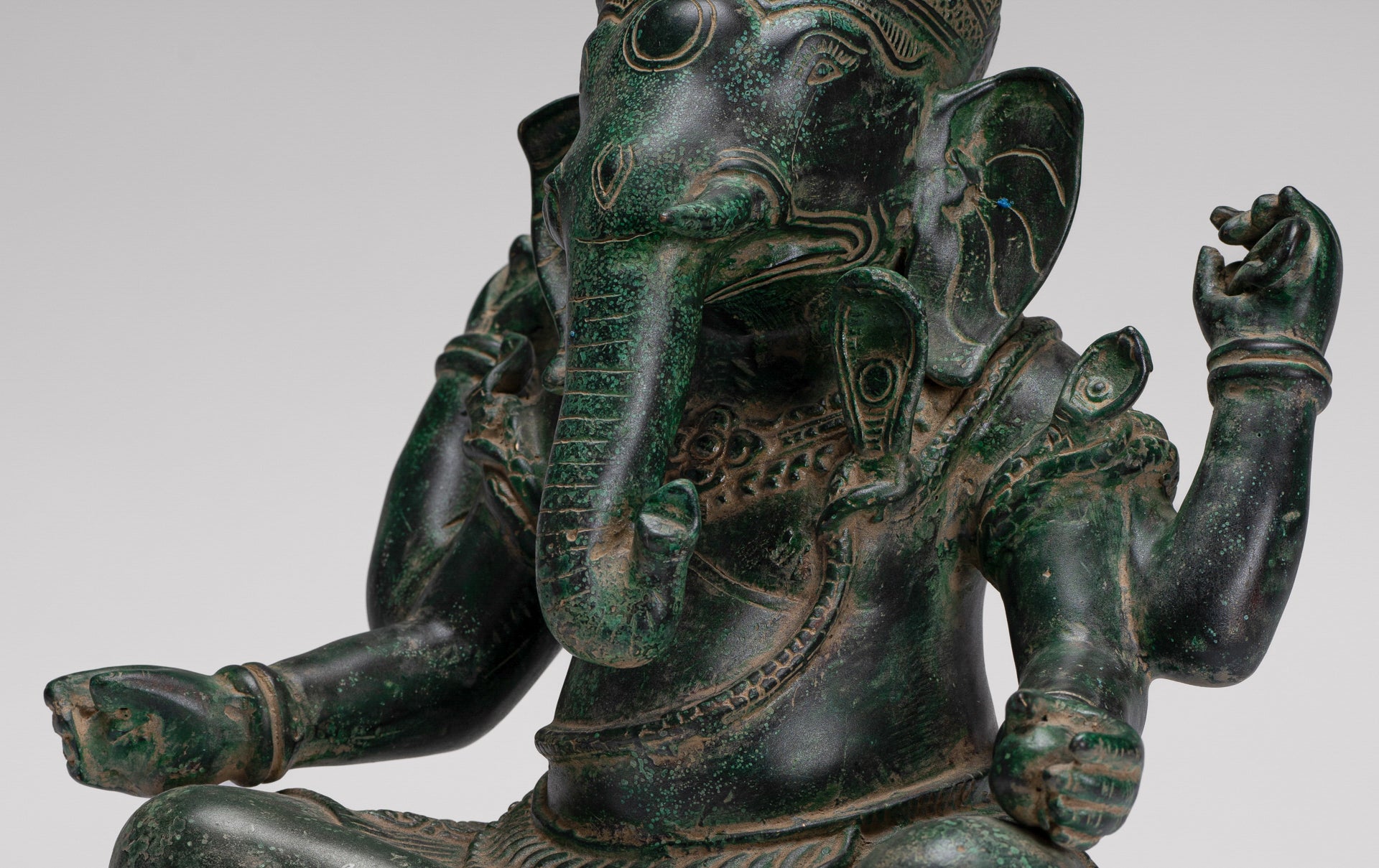 Ganesh Statue - Antique Khmer Style Seated Bronze Ganesha Statue - 29cm/12"