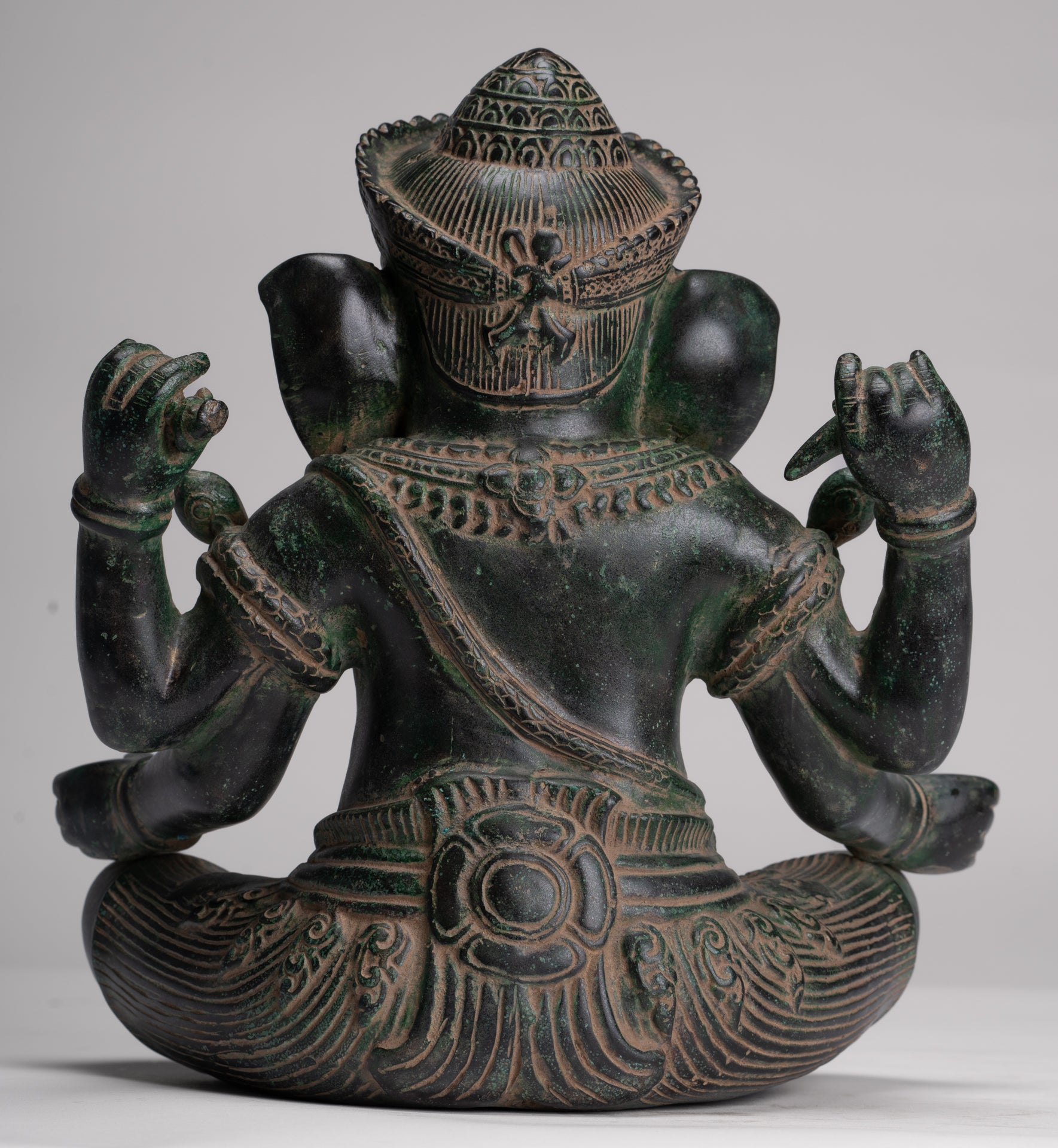 Ganesh Statue - Antique Khmer Style Seated Bronze Ganesha Statue - 29cm/12"