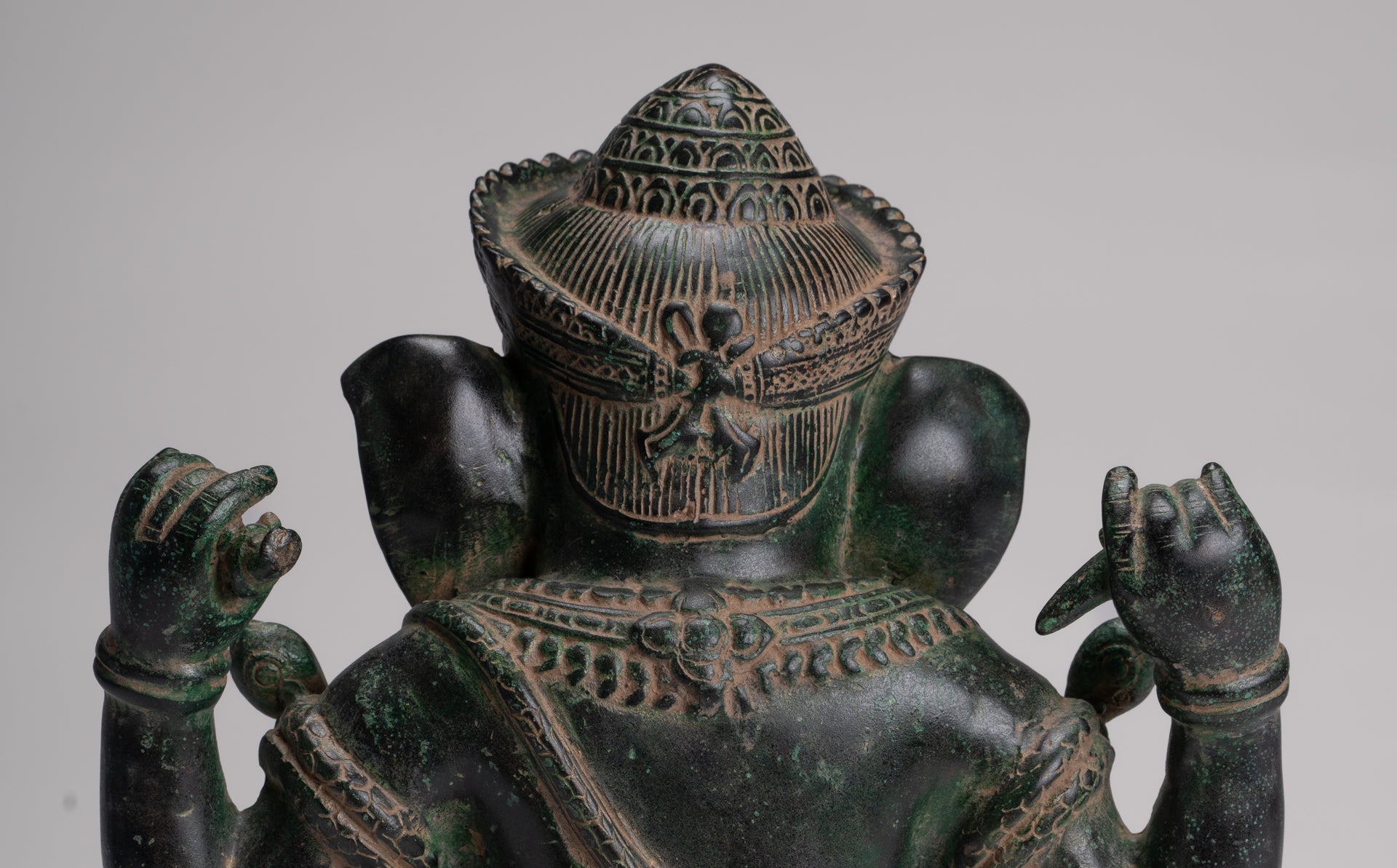 Ganesh Statue - Antique Khmer Style Seated Bronze Ganesha Statue - 29cm/12"