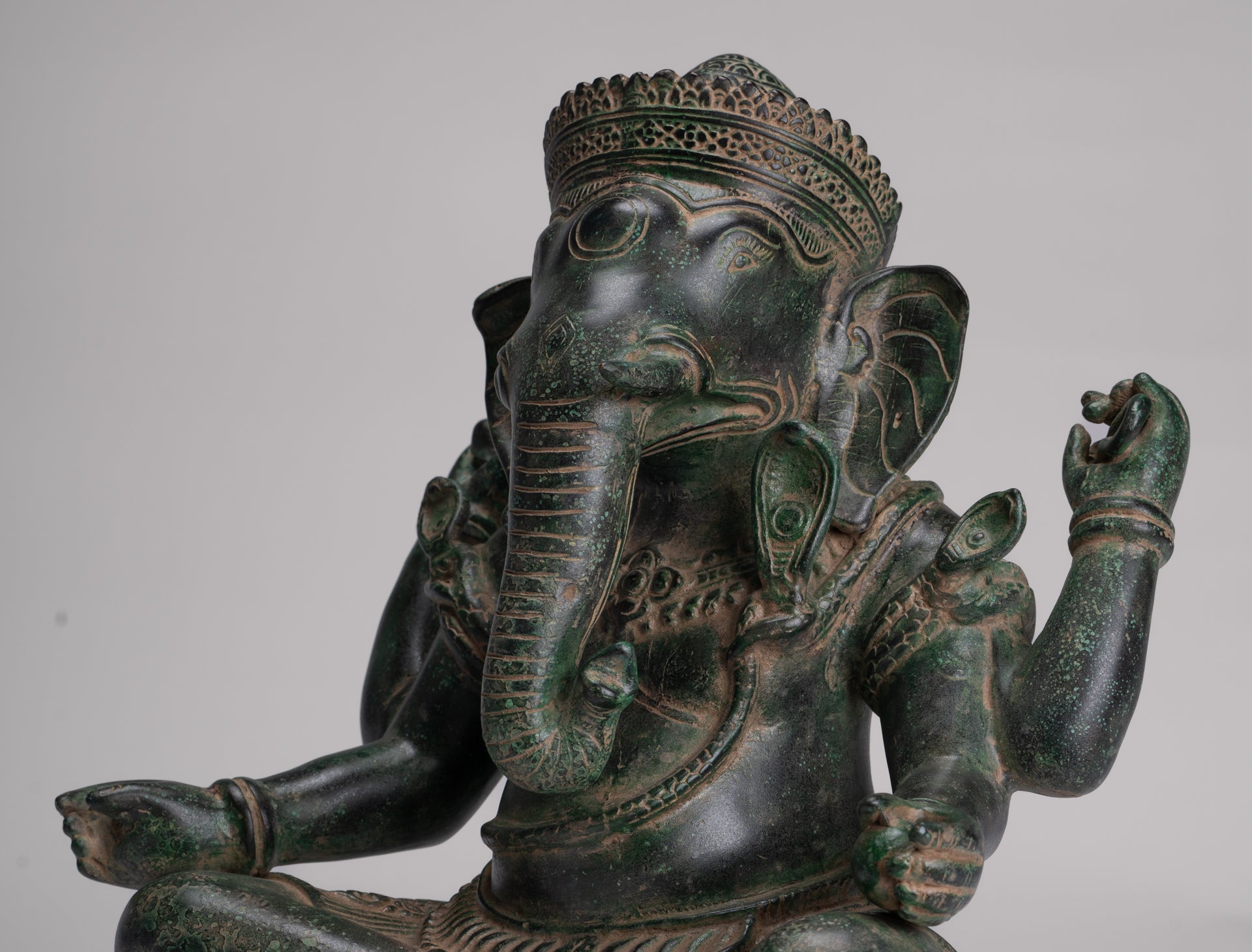 Ganesh Statue - Antique Khmer Style Seated Bronze Ganesha Statue - 29cm/12"