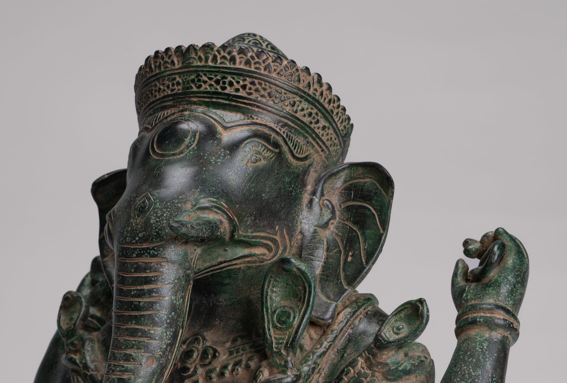 Ganesh Statue - Antique Khmer Style Seated Bronze Ganesha Statue - 29cm/12"