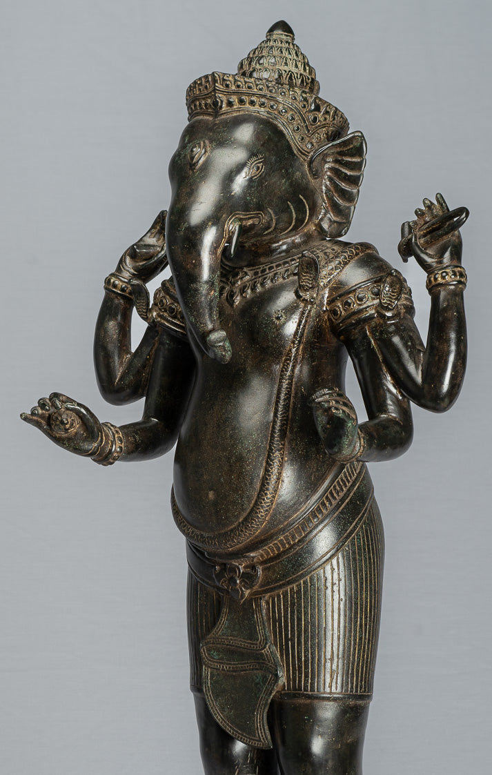 Estatua de Ganesha - Estatua de bronce de pie de estilo jemer antiguo Angkor Wat Ganesha y Yoni - 88 cm/35 "