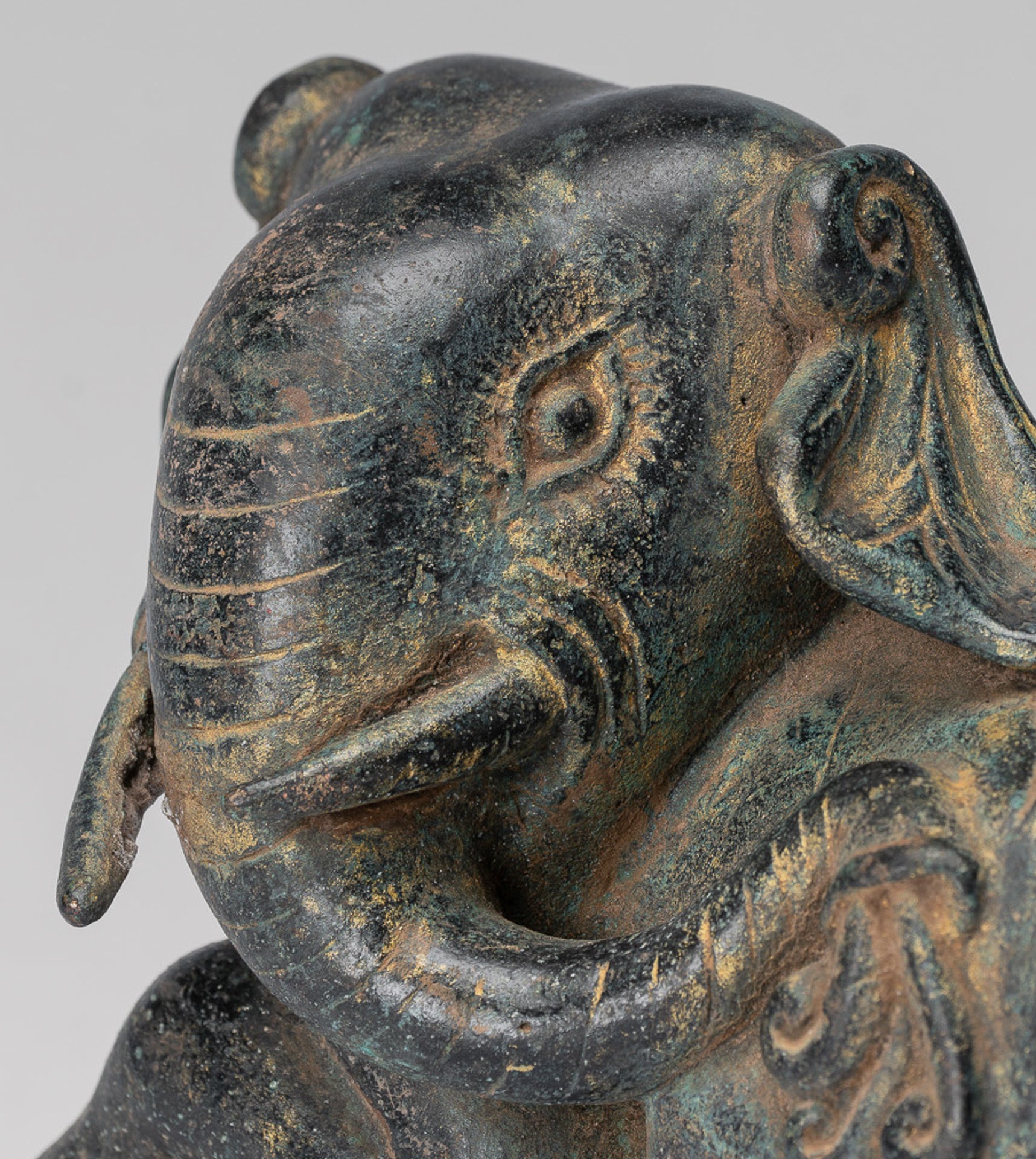 Antique Khmer Style Laying Down Bronze Elephant Statue - 12cm/5" Tall