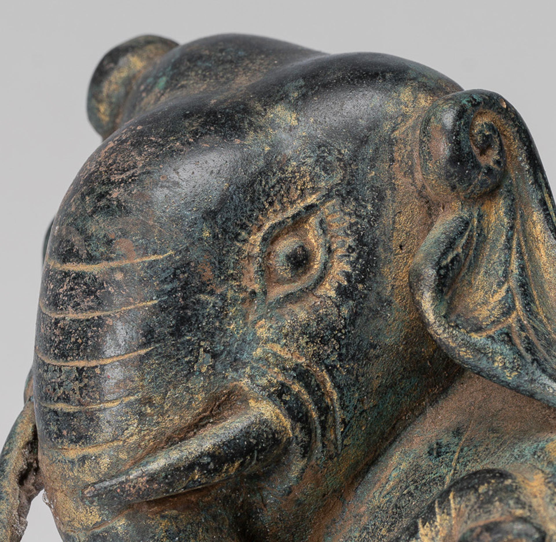 Antique Khmer Style Laying Down Bronze Elephant Statue - 12cm/5" Tall