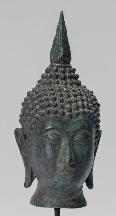 Buddha Head - Antique Thai Style Sukhothai Mounted Bronze Buddha Head - 22cm/9"