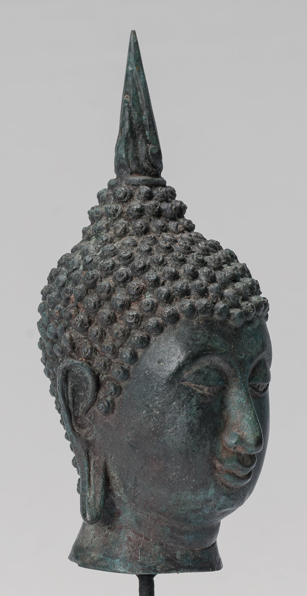 Buddha Head - Antique Thai Style Sukhothai Mounted Bronze Buddha Head - 22cm/9"