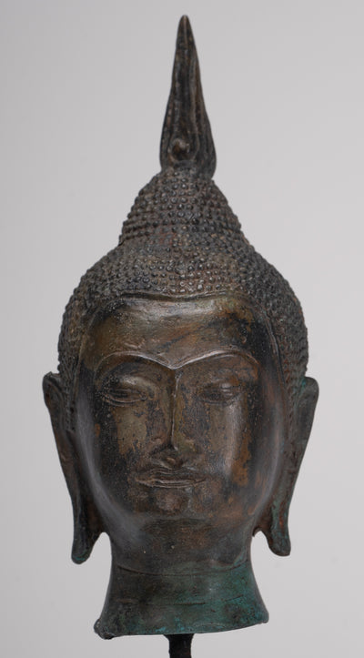 Buddha Head - Antique Thai Style Sukhothai Mounted Bronze Buddha Head - 22.5cm/9"