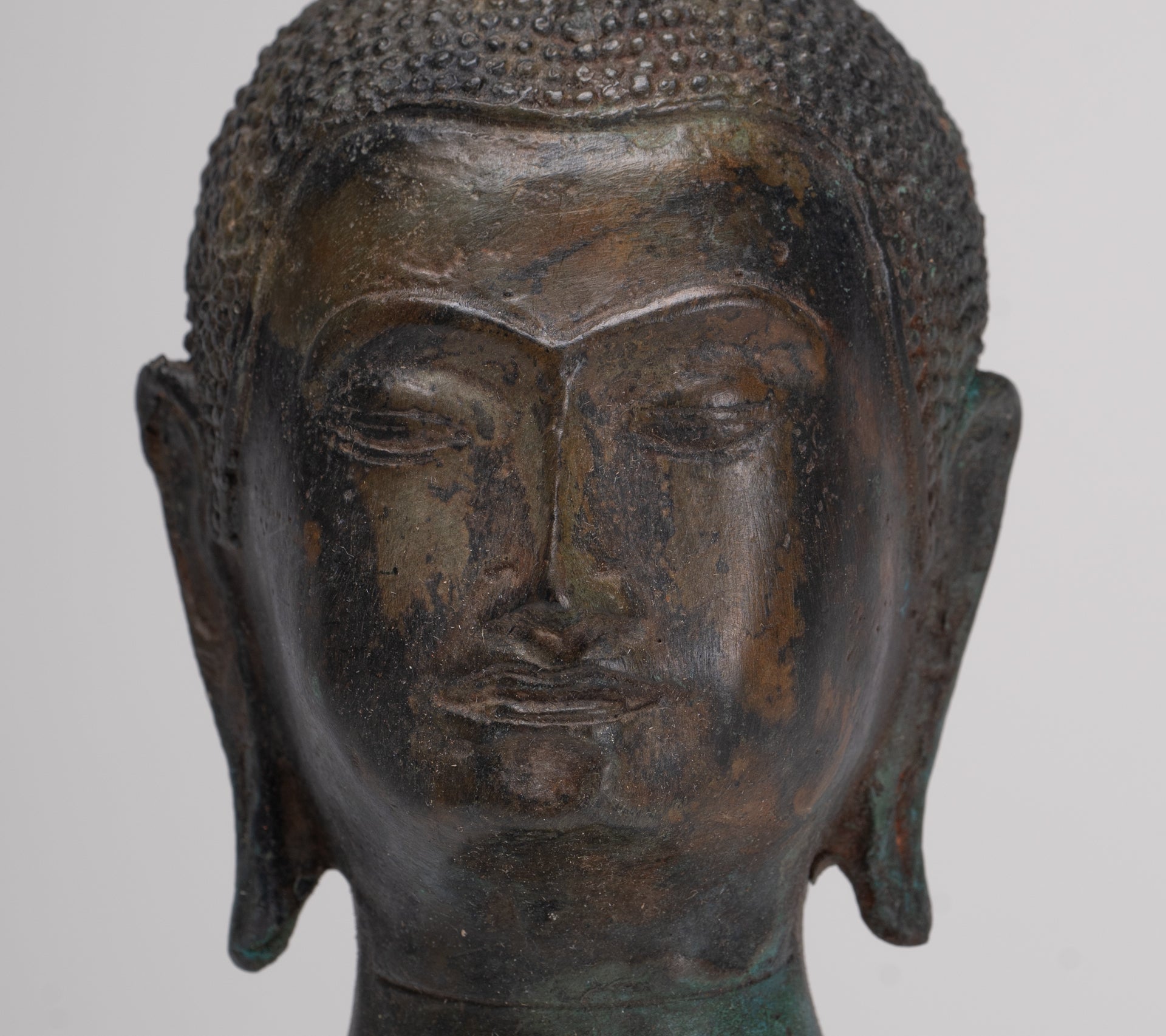 Buddha Head - Antique Thai Style Sukhothai Mounted Bronze Buddha Head - 22.5cm/9"