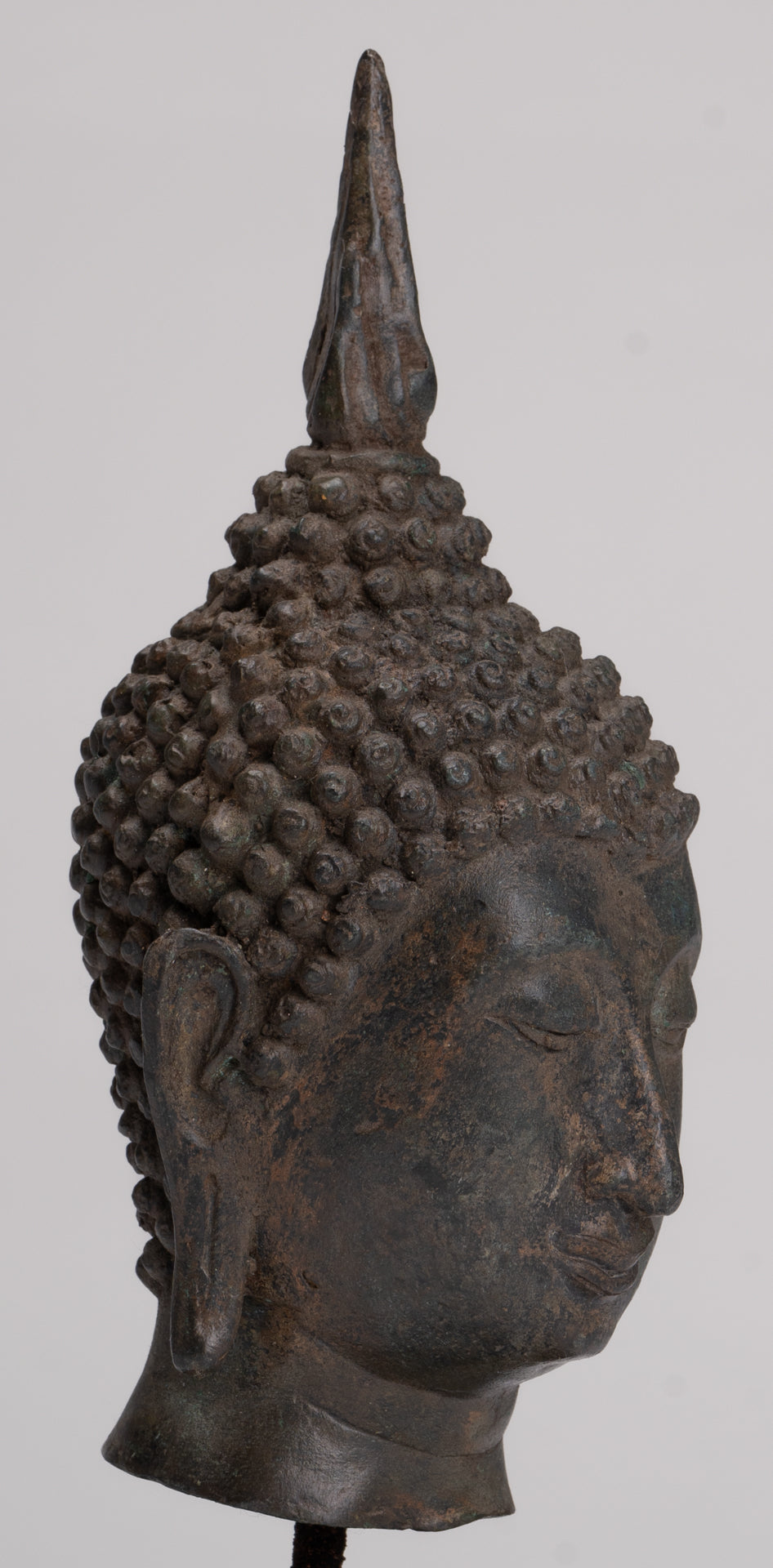 Buddha Head - Antique Thai Style Sukhothai Mounted Bronze Buddha Head - 22cm/9"