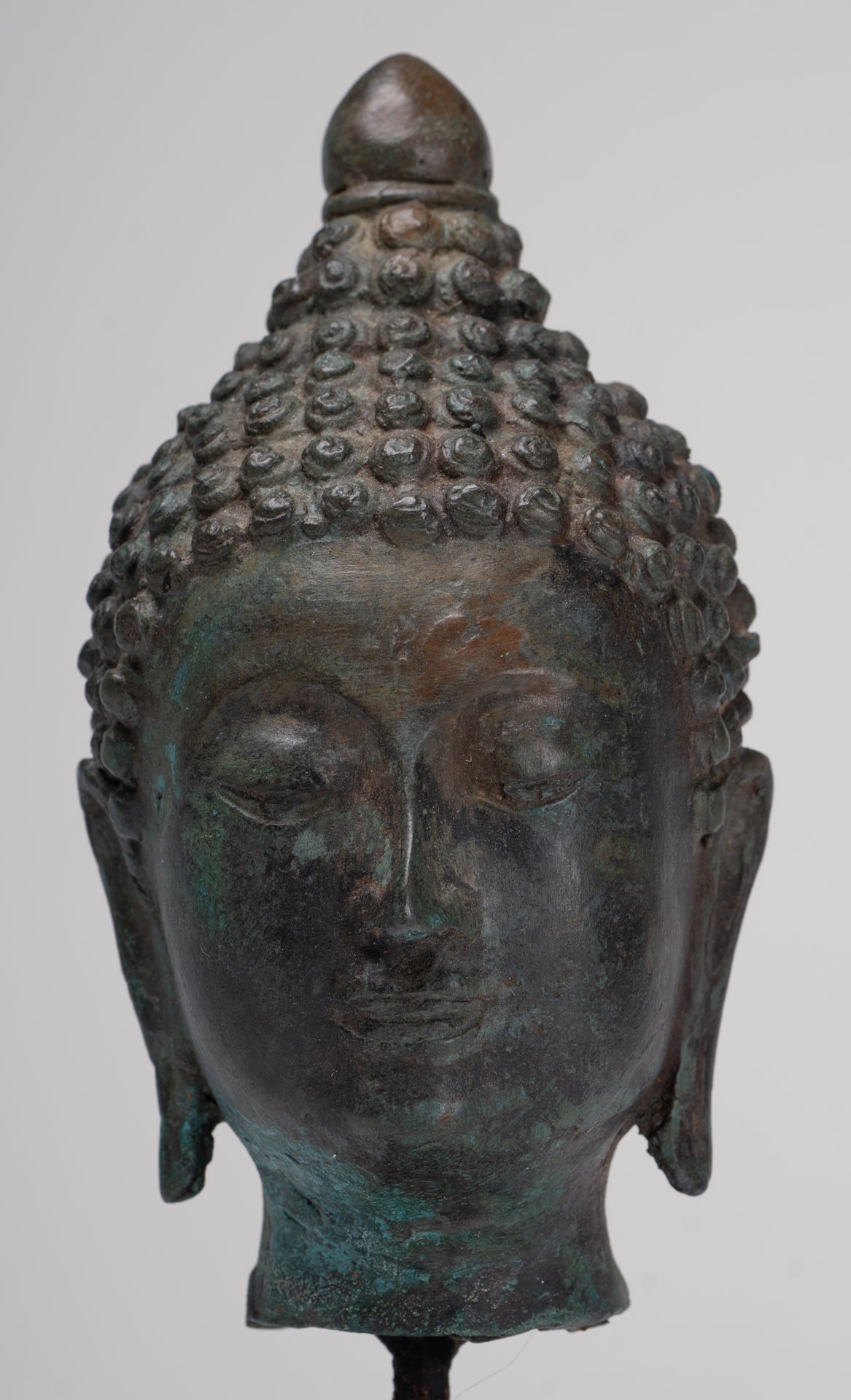 Buddha Head - Antique Thai Style Chiang Saen Mounted Bronze Buddha Head - 19cm/8"