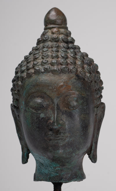 Buddha Head - Antique Thai Style Chiang Saen Mounted Bronze Buddha Head - 19cm/8"
