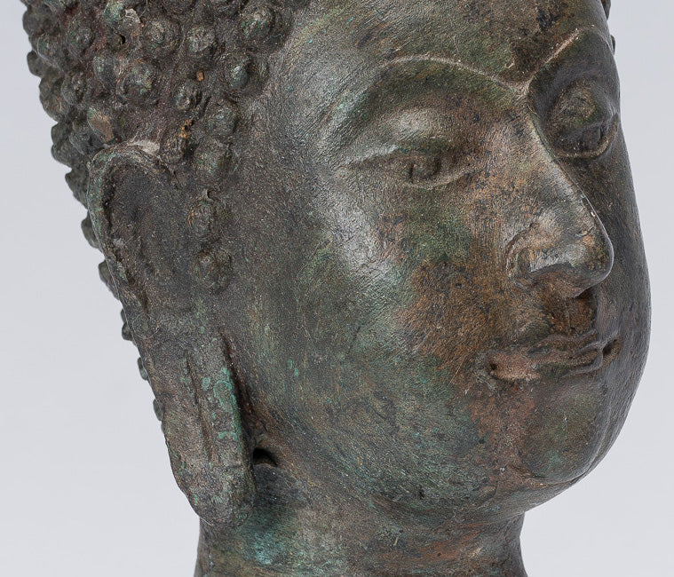 Buddha Head - Antique Thai Style Chiang Saen Mounted Bronze Buddha Head - 16cm/6"