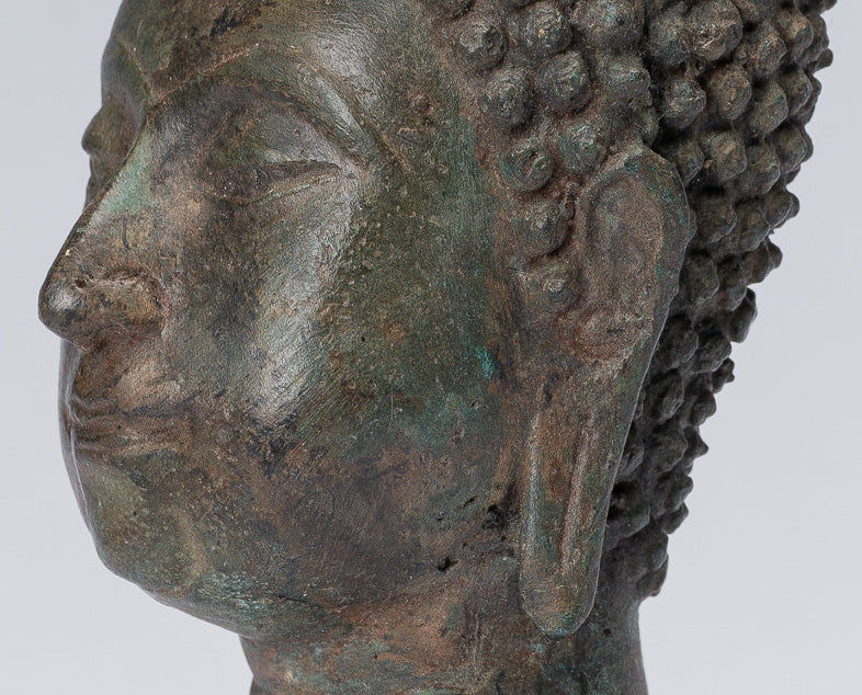 Buddha Head - Antique Thai Style Chiang Saen Mounted Bronze Buddha Head - 16cm/6"