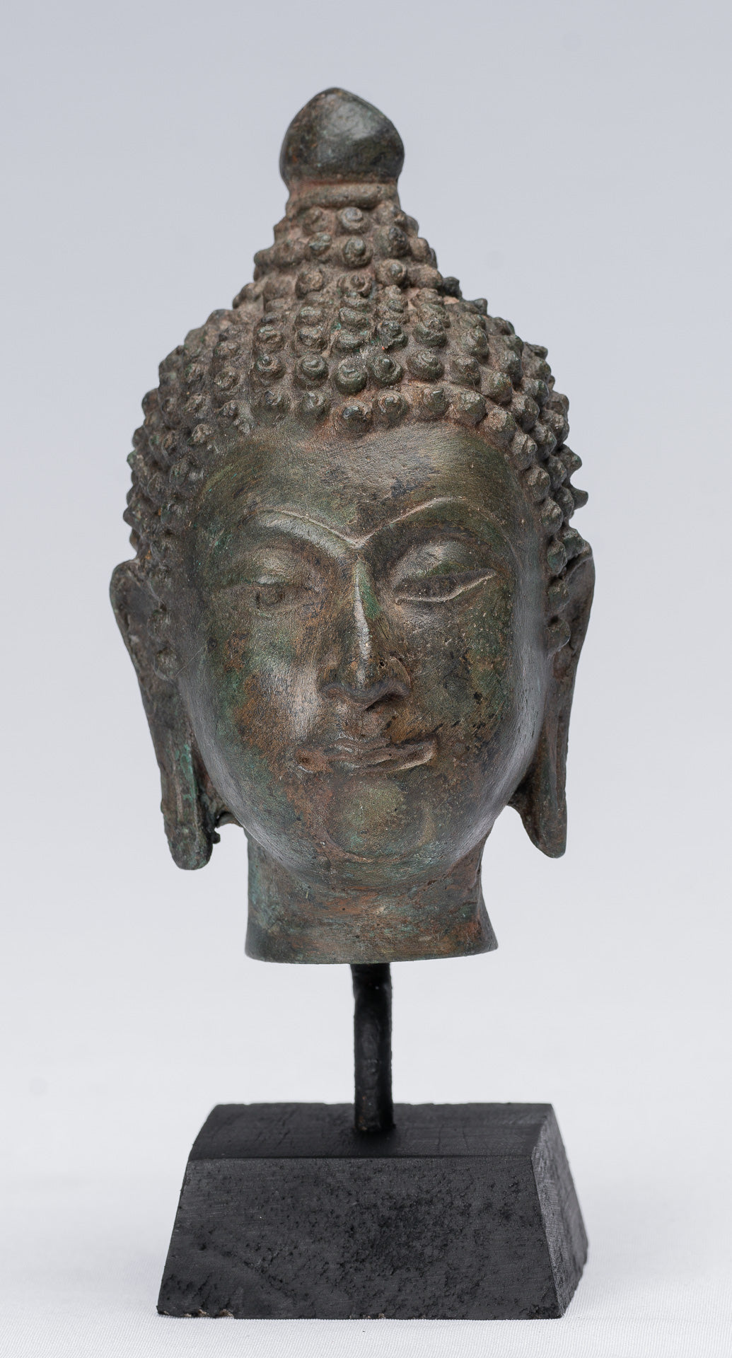 Buddha Head - Antique Thai Style Chiang Saen Mounted Bronze Buddha Head - 16cm/6"
