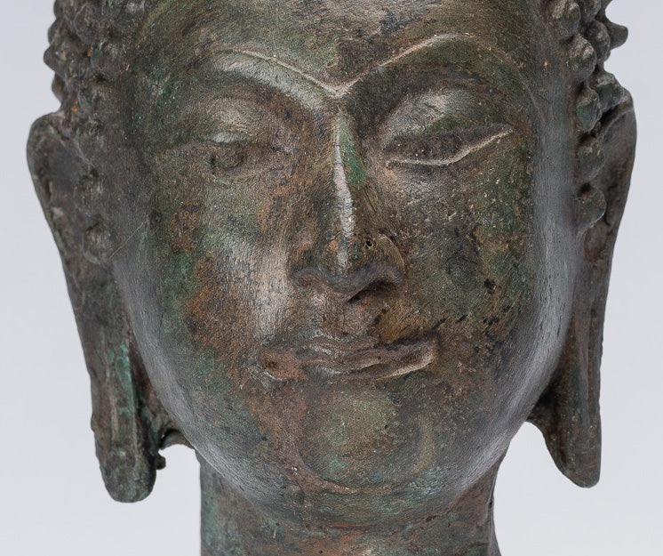 Buddha Head - Antique Thai Style Chiang Saen Mounted Bronze Buddha Head - 16cm/6"
