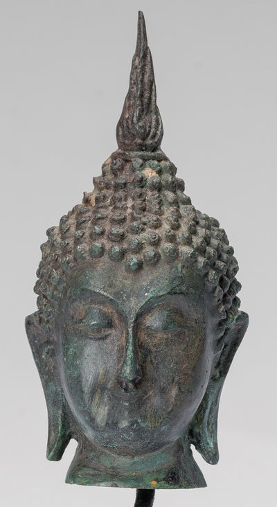Buddha Head - Antique Thai Style Sukhothai Mounted Bronze Buddha Head - 18cm/7"