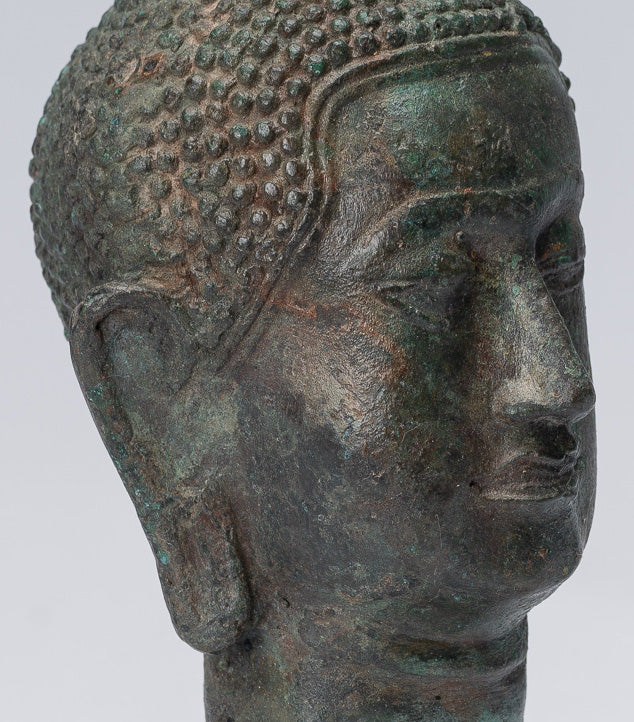 Buddha Head - Antique Thai Style Sukhothai Mounted Bronze Buddha Head - 17cm/7"