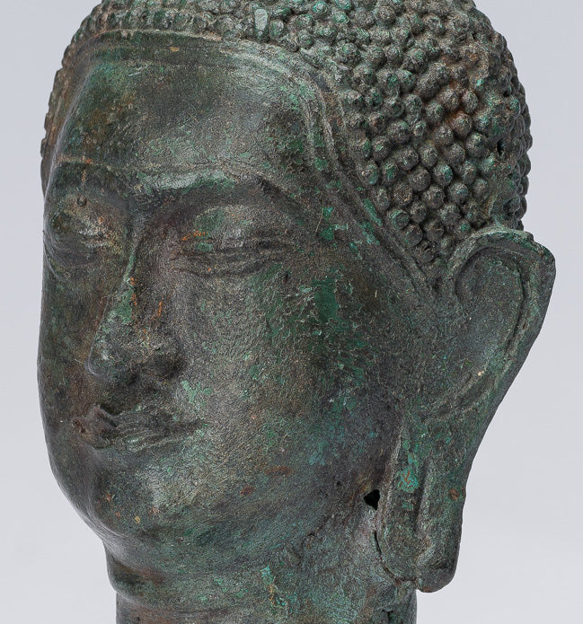 Buddha Head - Antique Thai Style Sukhothai Mounted Bronze Buddha Head - 17cm/7"