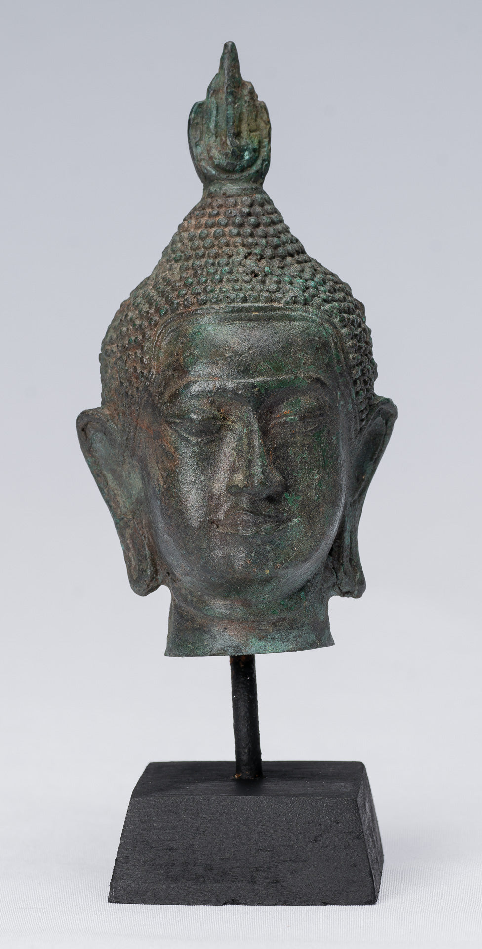 Buddha Head - Antique Thai Style Sukhothai Mounted Bronze Buddha Head - 17cm/7"