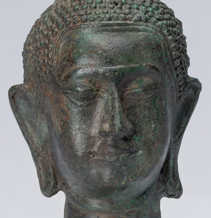 Buddha Head - Antique Thai Style Sukhothai Mounted Bronze Buddha Head - 17cm/7"