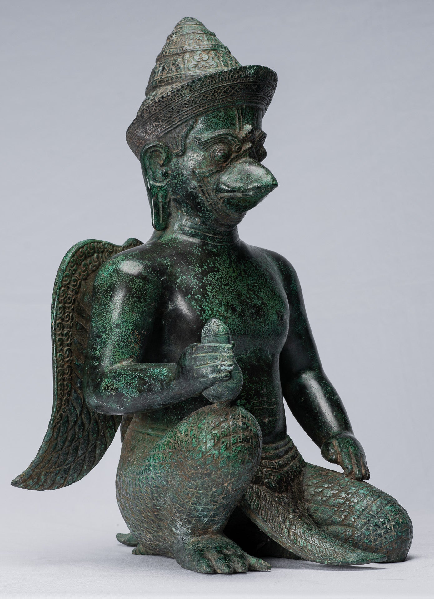 Antique Banteay Srei Style Seated Bronze Khmer Vishnu Garuda Statue-45cm/18 "