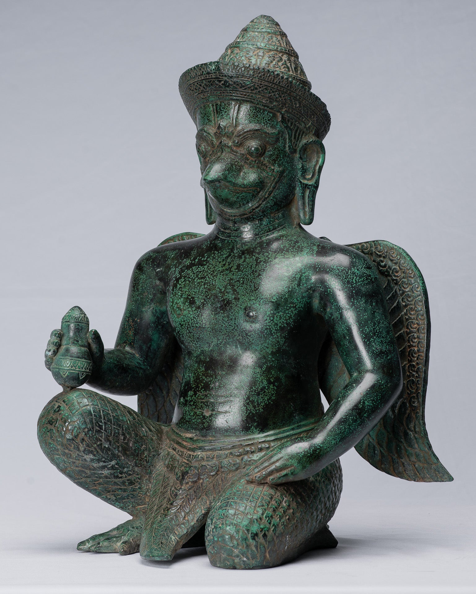 Antique Banteay Srei Style Seated Bronze Khmer Vishnu Garuda Statue-45cm/18 "