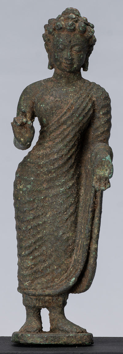 Buddha-Statue – antiker indonesischer Stil, stehender javanischer Lehr-Buddha aus Bronze – 25 cm/25,4 cm