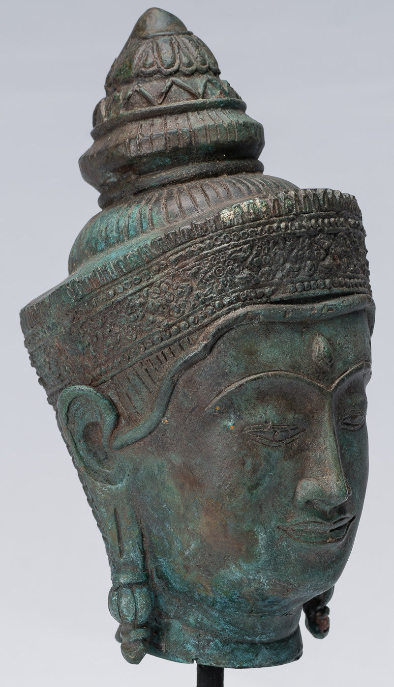 Testa di Buddha - Antique Thai Thai Style Lopburi Bronzo Montaggio Buddha Head - 25 cm/10 "
