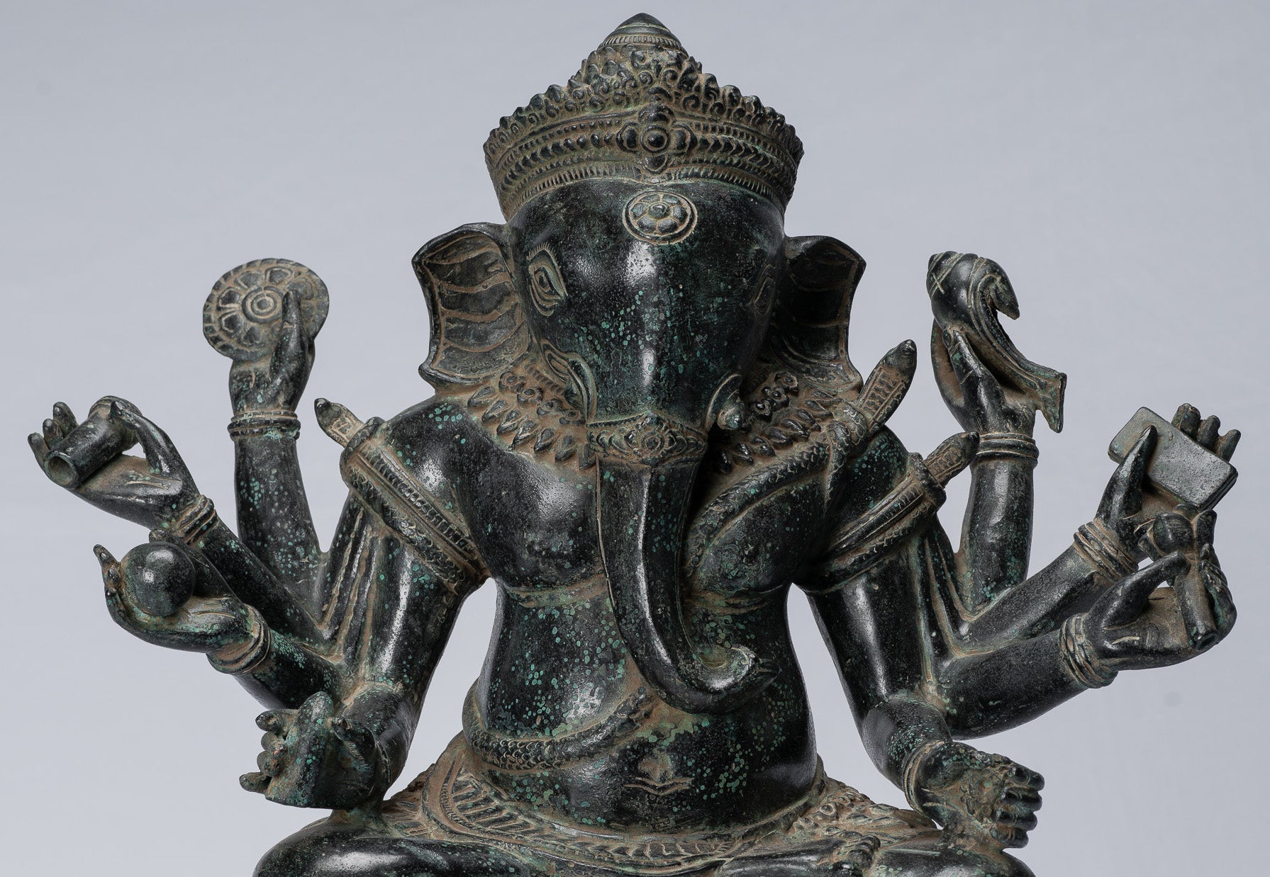Statue Ganesha - Bronzo di bayon in stile khmer antico seduto a otto braccio ganesh statua - 38 cm/15 "