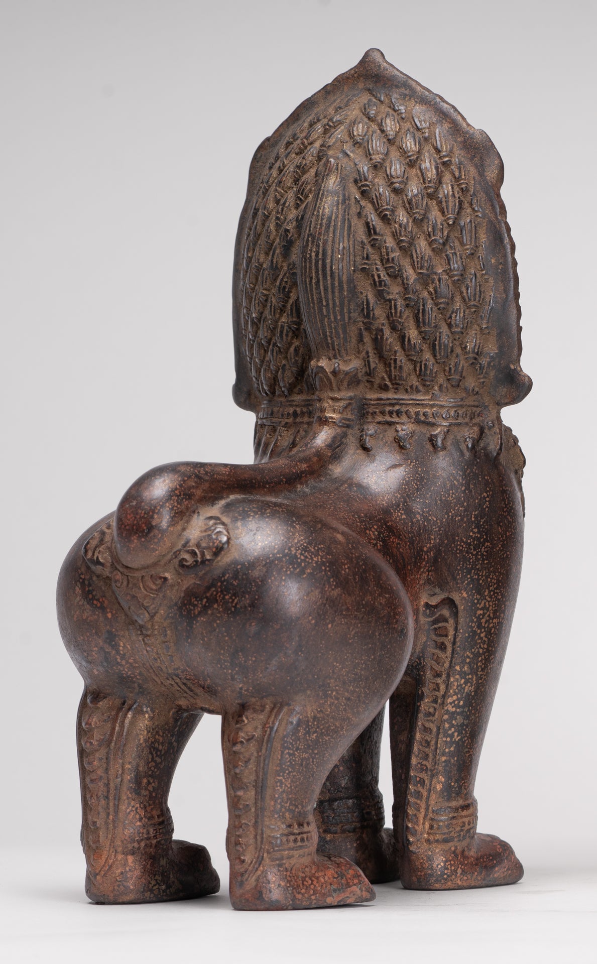 Temple Lions - Antique Khmer Style Bronze Standing Temple Guardian or Lions (Pair) - 27cm/11"