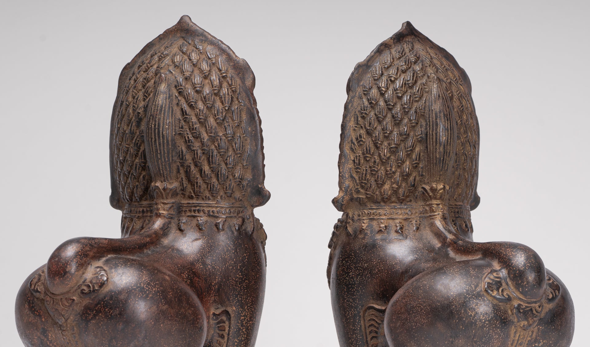 Temple Lions - Antique Khmer Style Bronze Standing Temple Guardian or Lions (Pair) - 27cm/11"