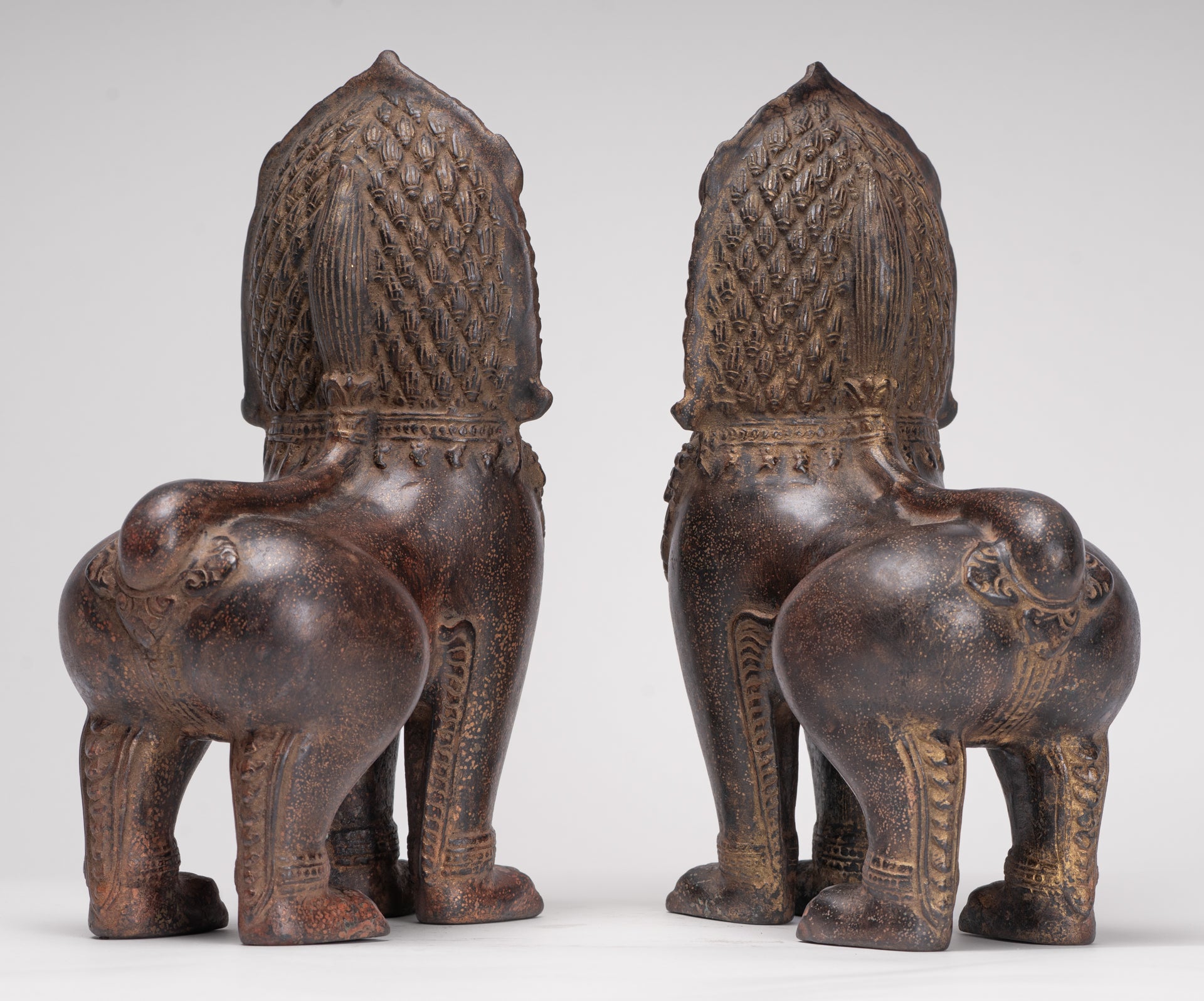 Temple Lions - Antique Khmer Style Bronze Standing Temple Guardian or Lions (Pair) - 27cm/11"