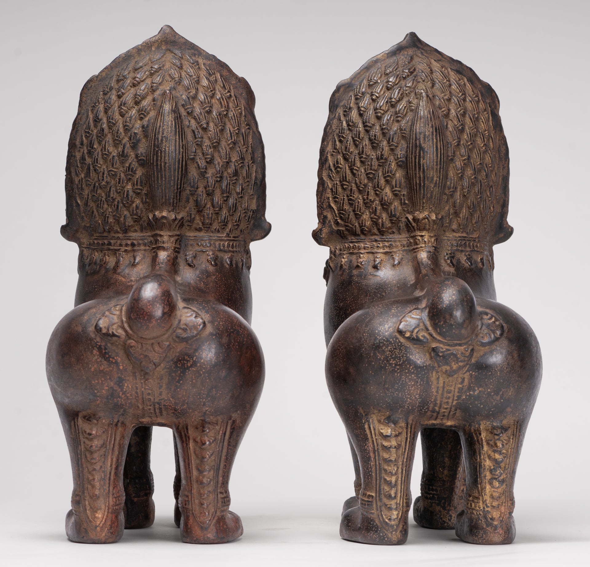 Temple Lions - Antique Khmer Style Bronze Standing Temple Guardian or Lions (Pair) - 27cm/11"