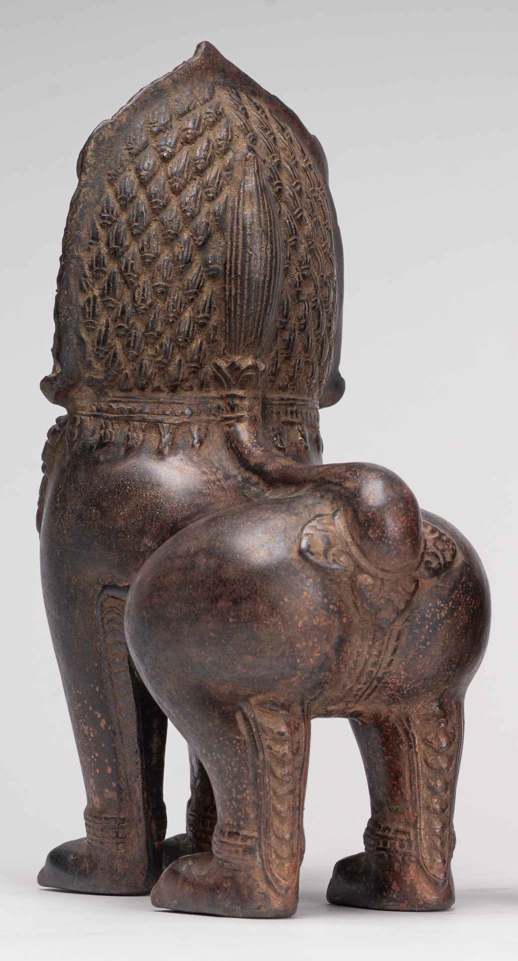 Temple Lions - Antique Khmer Style Bronze Standing Temple Guardian or Lions (Pair) - 27cm/11"