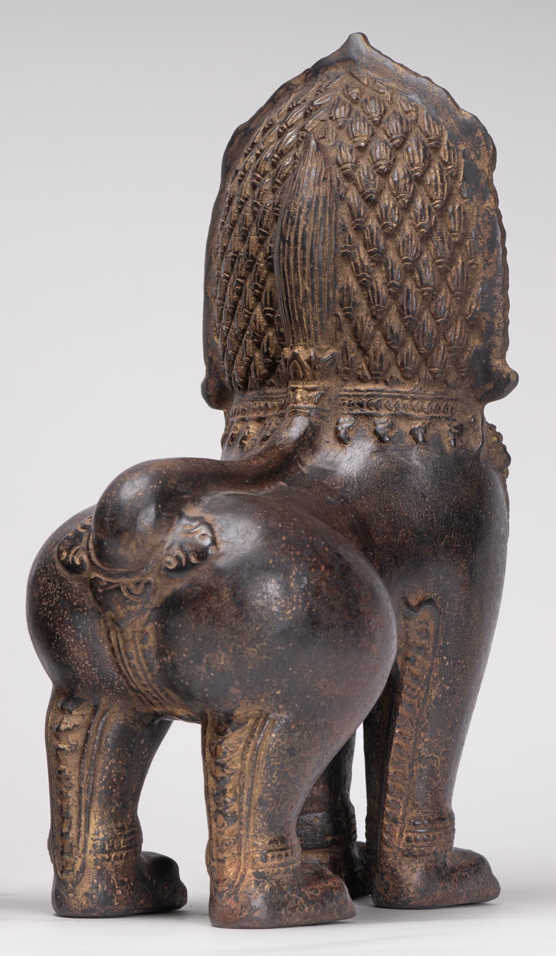 Temple Lions - Antique Khmer Style Bronze Standing Temple Guardian or Lions (Pair) - 27cm/11"
