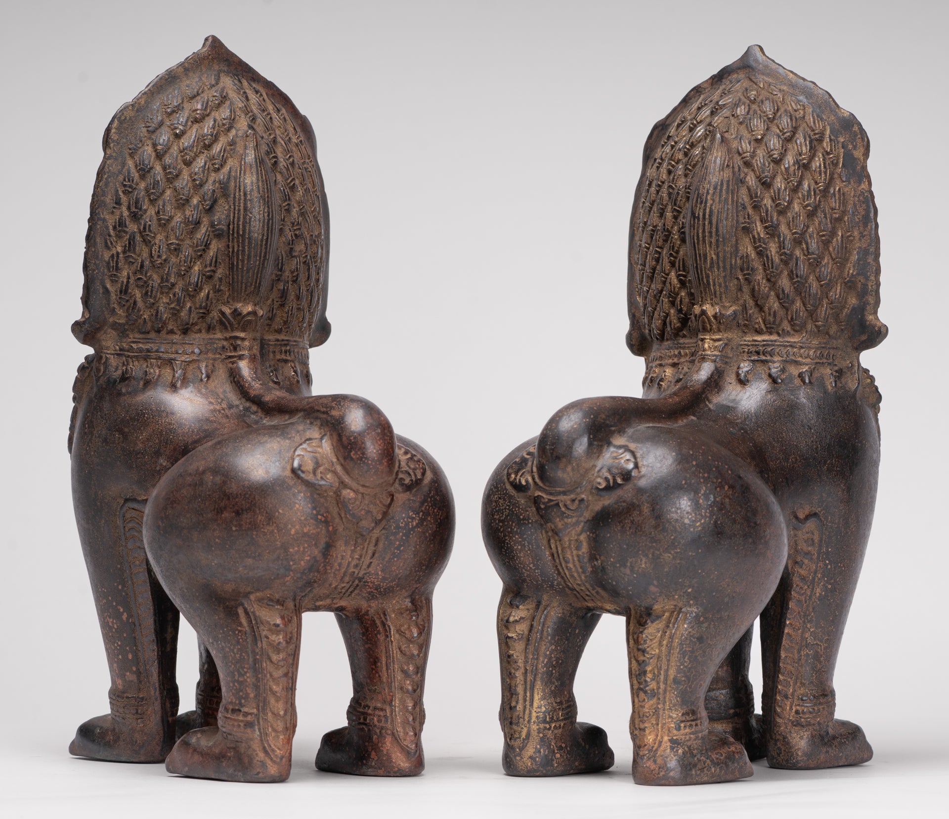 Temple Lions - Antique Khmer Style Bronze Standing Temple Guardian or Lions (Pair) - 27cm/11"